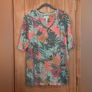 Denim & Co. Active Tropical Print Elbow Sleeve V-Neck Top Eggshell Multi